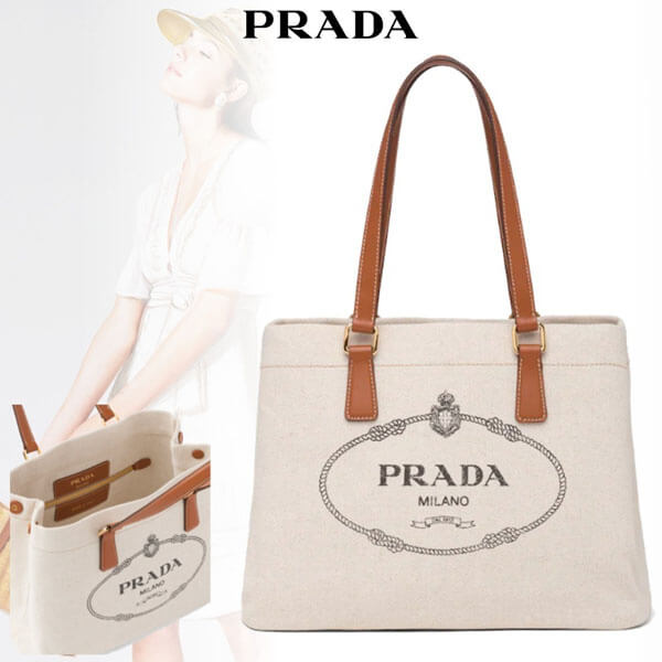 プラダ CANVAS AND SMOOTH LEATHER SHOPPING BAG 1BG355 F0A5T