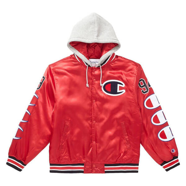 シュプリーム champion 偽物 シュプリーム ボックス ロゴ パーカー Hooded Satin Varsity Jacket Red20D11C6