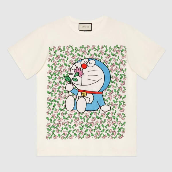 ★日本!!人気！グッチ ドラえもん 偽物◆コラボ コットン Tシャツ お花畑柄♪ 615044XJDIF 9095