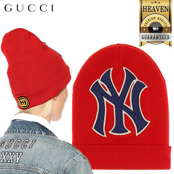 【グッチ】偽物 New York Yankeesパッチ付*レッドウールニットキャップ embroidered wool beanie  542719 4G206 6500