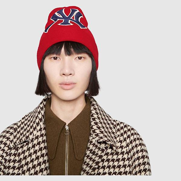 【グッチ】偽物 New York Yankeesパッチ付*レッドウールニットキャップ embroidered wool beanie  542719 4G206 6500