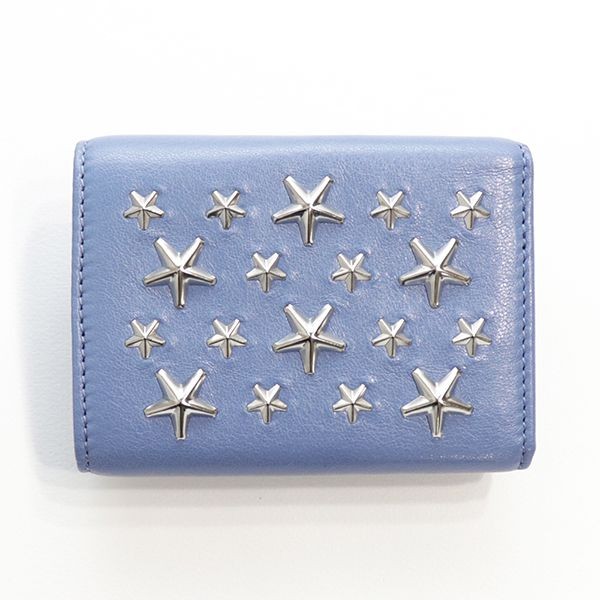 ジミーチュウ ミニ財布 偽物 3つ折り財布 ミニウォレット LEATHER WITH STARS NEMO CST STONE BLUE