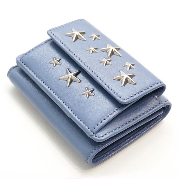 ジミーチュウ ミニ財布 偽物 3つ折り財布 ミニウォレット LEATHER WITH STARS NEMO CST STONE BLUE