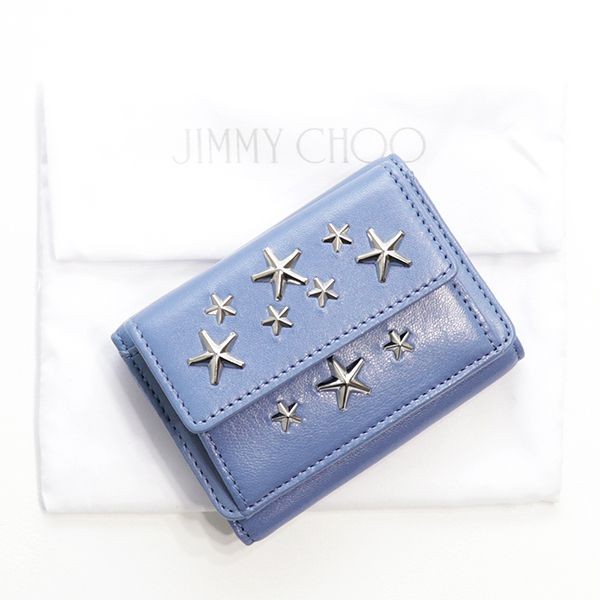 ジミーチュウ ミニ財布 偽物 3つ折り財布 ミニウォレット LEATHER WITH STARS NEMO CST STONE BLUE