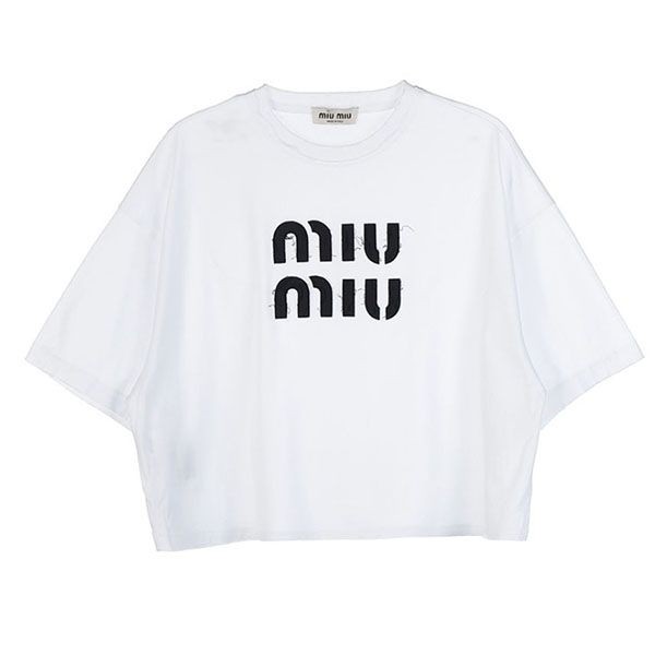 ミュウミュウ ロゴ刺繍入り コットン 半袖Tシャツ コピー MJN445 12LZ F0009