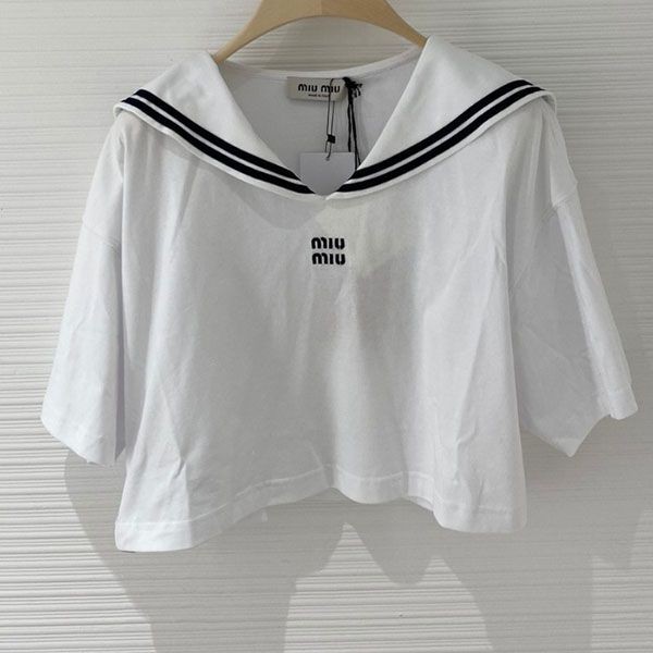 ミュウミュウ エンブロイダリー コットン Tシャツ MJN534-14EM-F0009