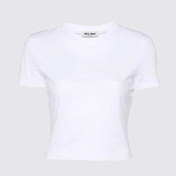 [優良店]ミュウミュウ エンボスロゴ入りホワイトコットンtシャツ mjn483