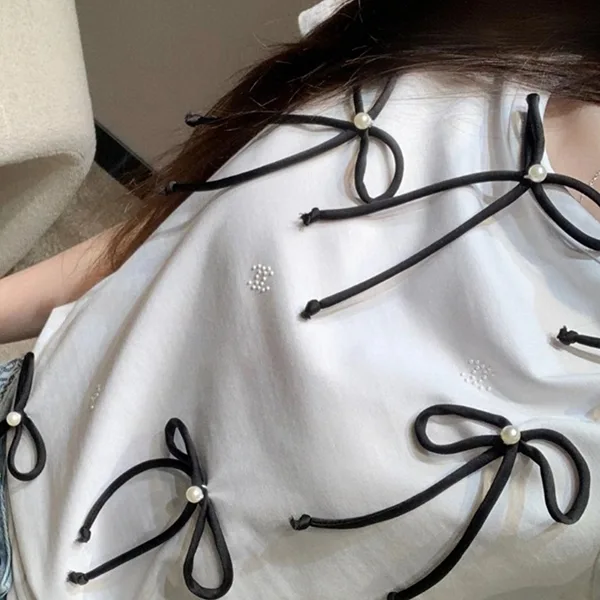 《リボンがかわいい♪》シャネル Tシャツ コピー パール CCロゴ ホワイト