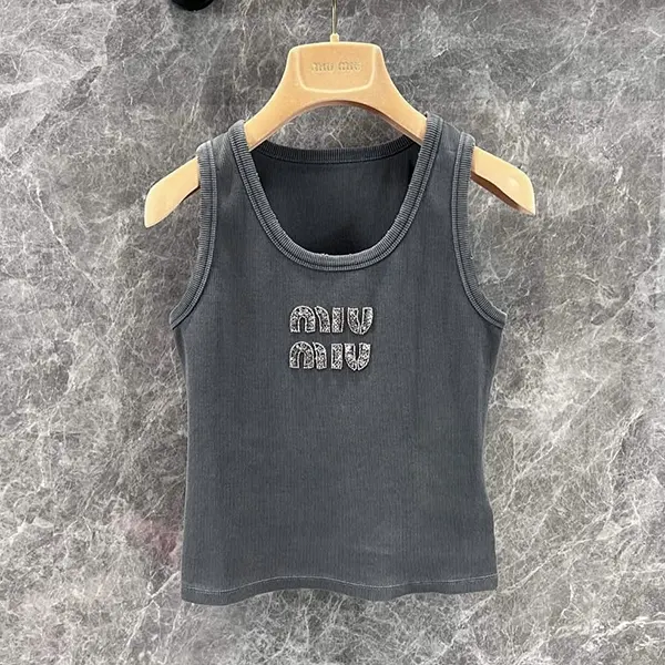 ミュウミュウ タンクトップ 激安 ロゴ刺繍入り グレー MJT700
