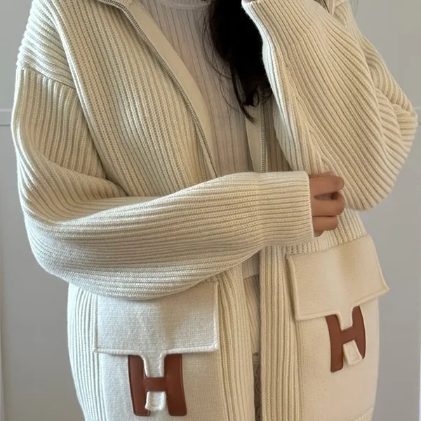 【エルメス】Hレザーディテール ニットブルゾン H2H2204DA9138