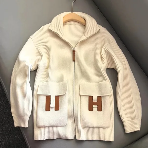 【エルメス】Hレザーディテール ニットブルゾン H2H2204DA9138