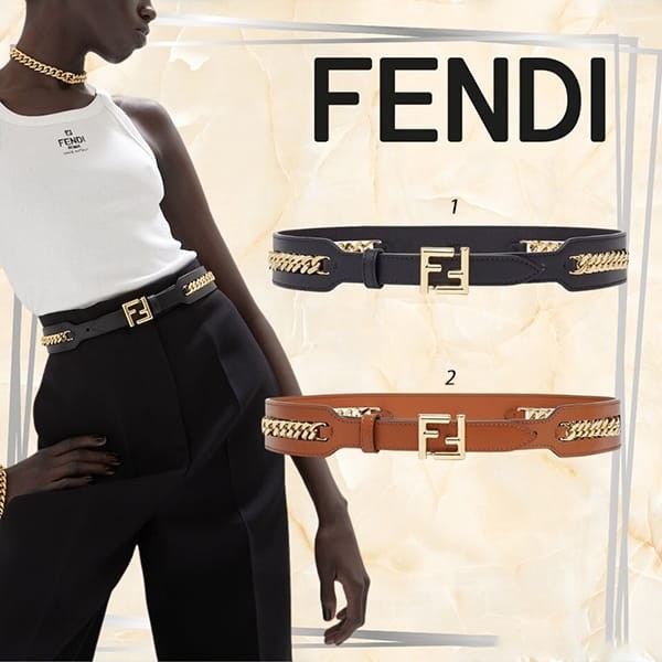 欲しい♡超限定♪フェンディ 偽物 チェーンディテール付き FF レザーベルト 2色 8C0700AP9TF1C6J