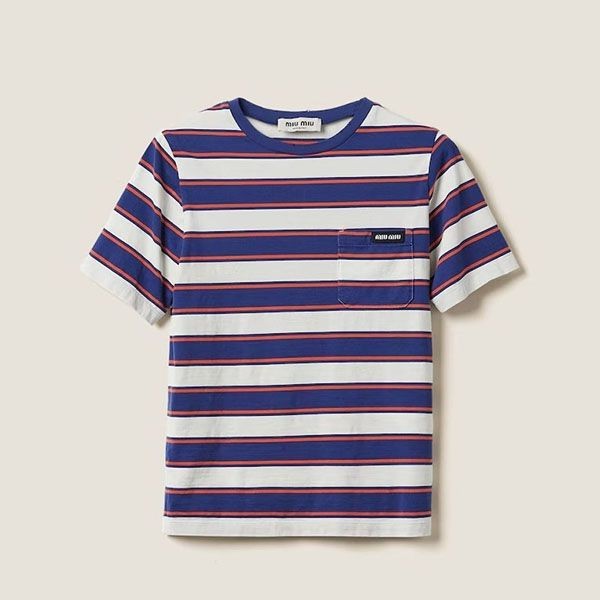 ＜最新で絶対欲しい>ミュウミュウ ロゴ ジャージー Tシャツ MJN537_14RT_F0F67_S_OOO