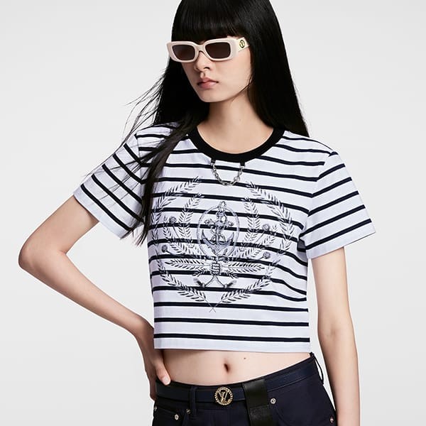 人気で可愛い☆ルイヴィトン tシャツ パロディ 半袖 ストライプ クロップ丈 1afmti