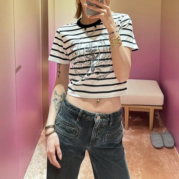 人気で可愛い☆ルイヴィトン tシャツ パロディ 半袖 ストライプ クロップ丈 1afmti