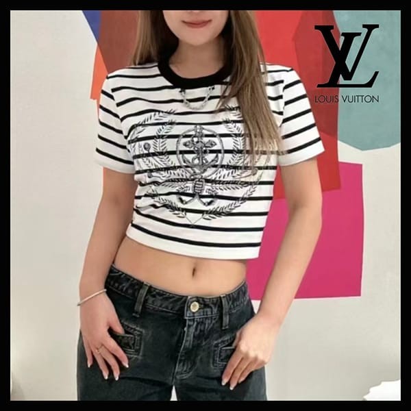 人気で可愛い☆ルイヴィトン tシャツ パロディ 半袖 ストライプ クロップ丈 1afmti